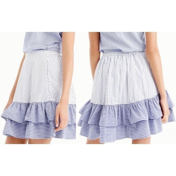 J. Crew High Rise Striped Ruffle Full Cotton Mini Skirt Pull On Blue White 0 - Picture 1 of 10